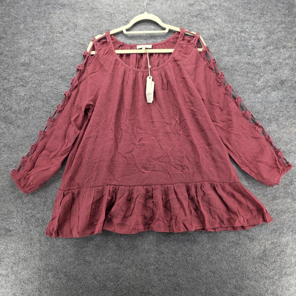 Entro Shirt Womens Medium Mauve Cold Shoulder Ruffle Hem Long Sleeve Boho T5714